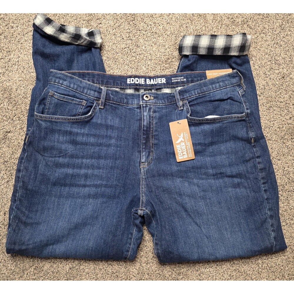 NWT Eddie Bauer Flannel Lined Jeans Size 16 Blue Boyfriend Relaxed Denim Plaid